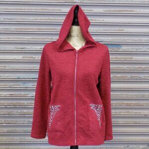 Red Zip Hoodie Ongue Casual Women’s Medium Rhinestone Pocket Jacket